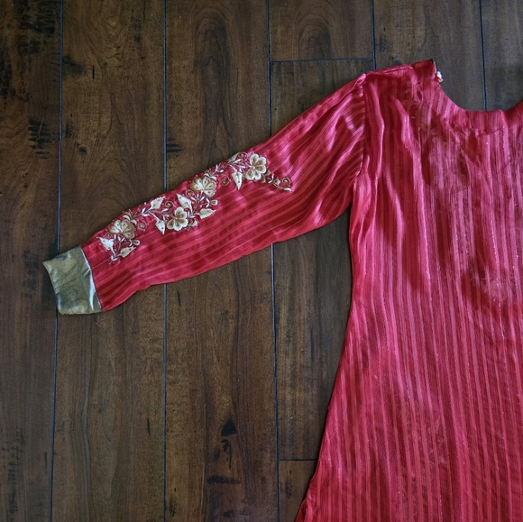 Embroidered Salwar Kameez Dupatta Long Scarf Red Gold Chiffon Party Wear Dress - Picture 6 of 16